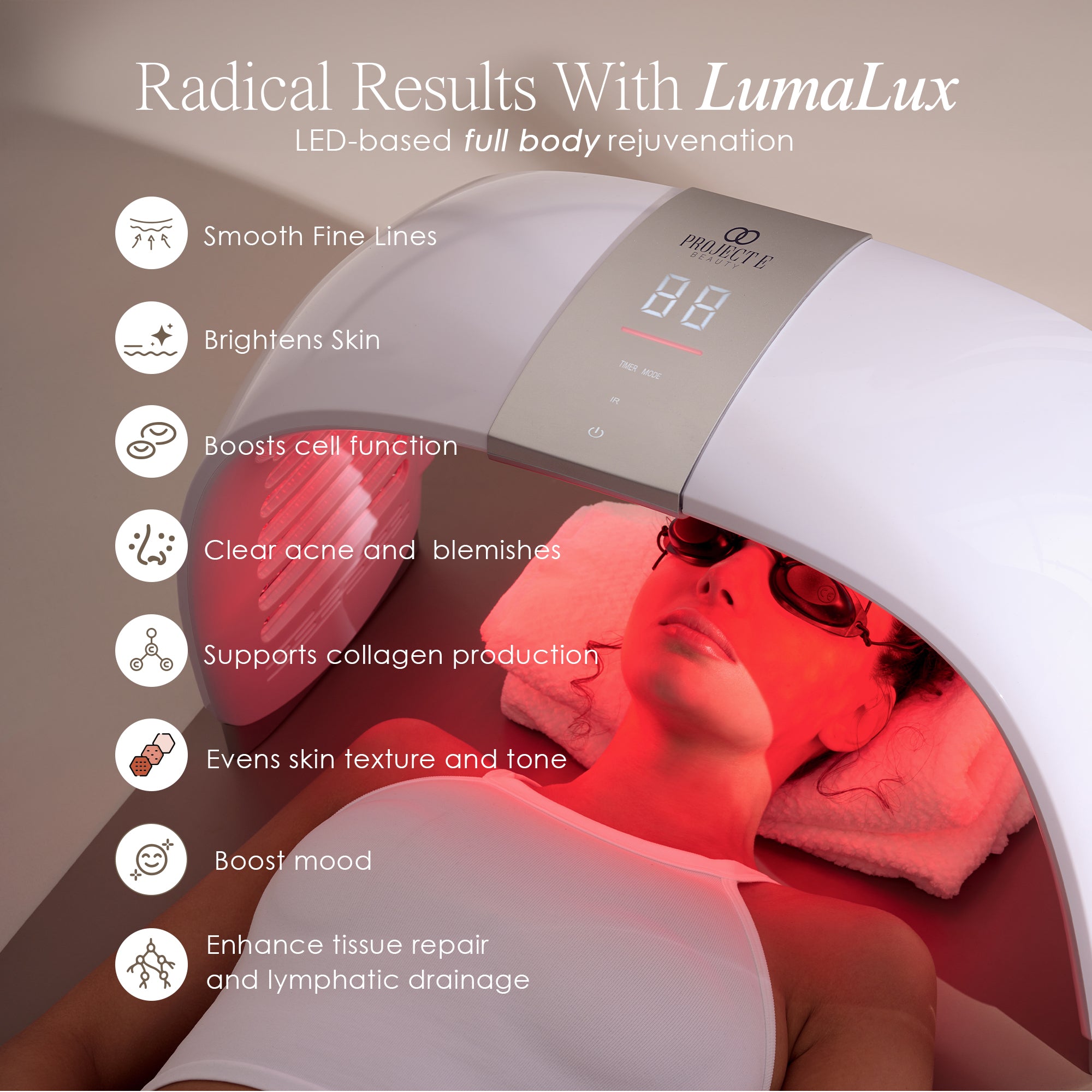 LumaLux Dome face and body LED light therapy device listing LED light therapy benefits such as smoothing fine lines