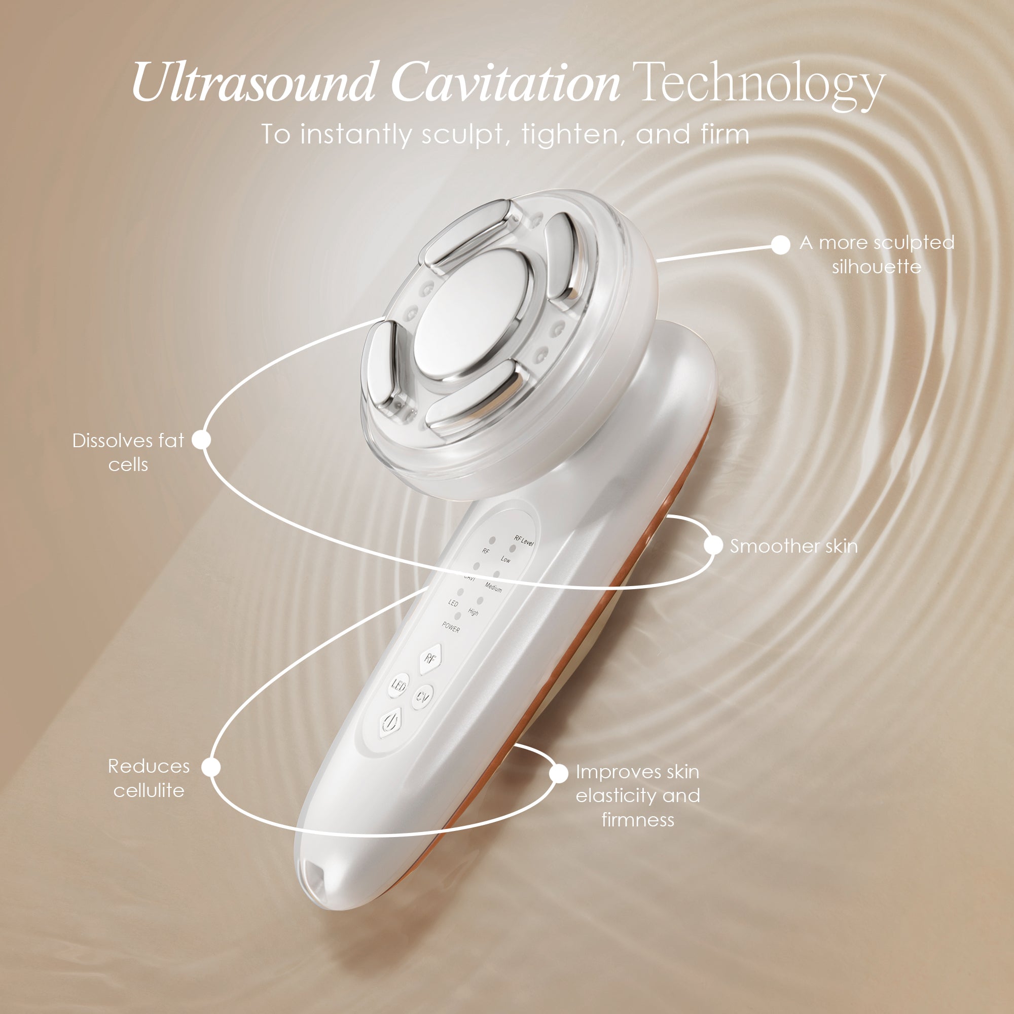 BodySculpt body contouring device showing ultrasound cavitation technology benefits such as skin smoothing