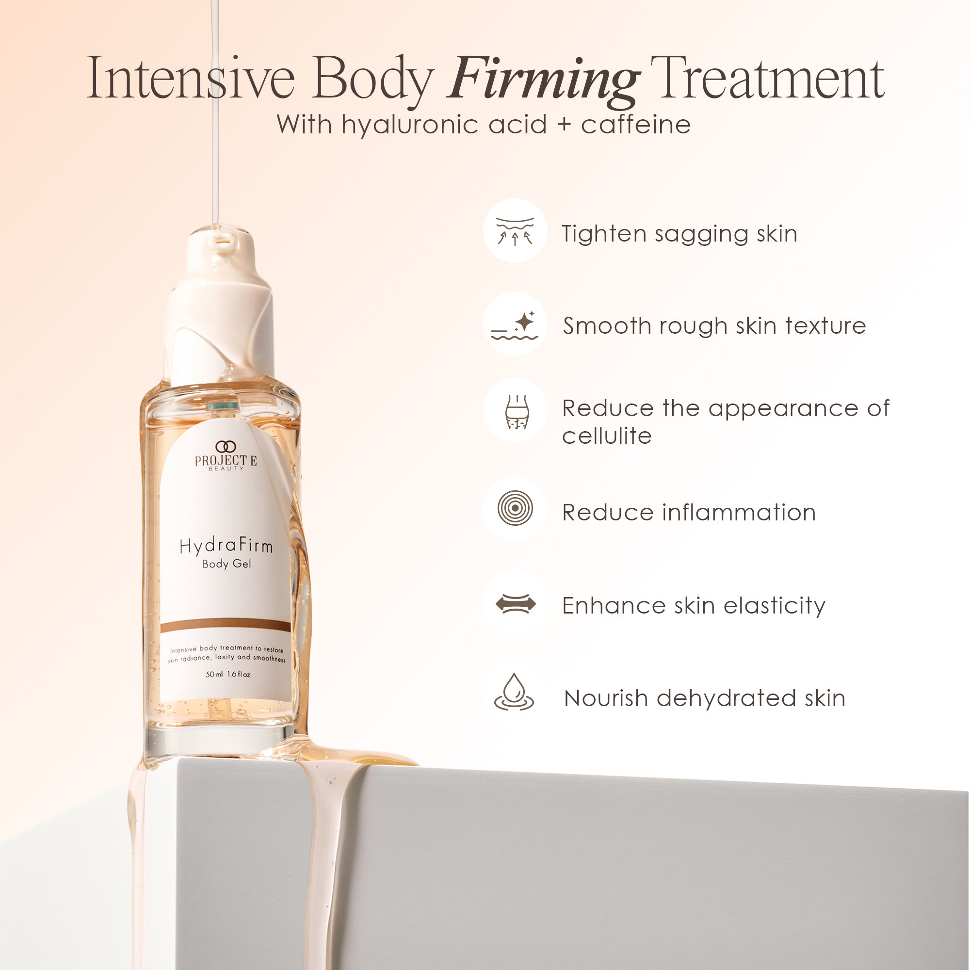 HydraFirm firming body gel showing firming gel benefits such as tightening sagging skin