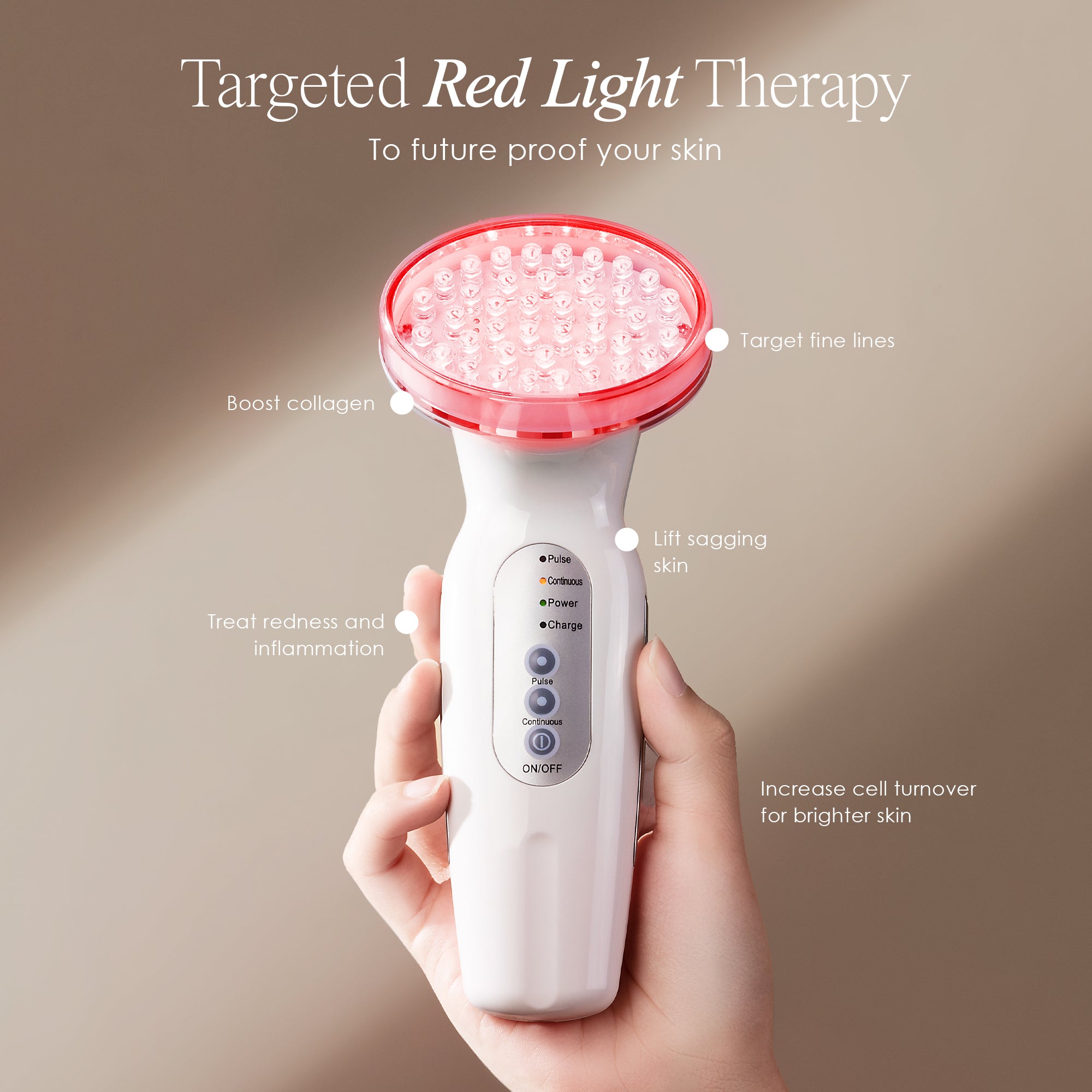 Red LED+ anti-aging wand showing red light therapy benefits such as boosting collagen