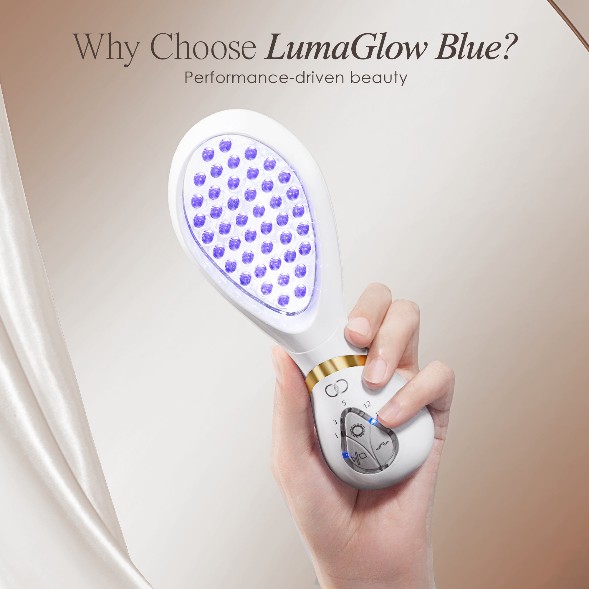 LumaGlow anti-acne wand showing the blue LED wand lit up and being held